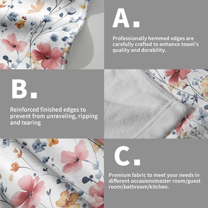 Watercolor Flowers Hand Towels, 14x28 Inch Pink Blue Floral Butterfly Botanical Absorbent Soft Dish Washing Cloth Face Tea Towels for Kitchen Bathroom Gym Hotel Spa Decor