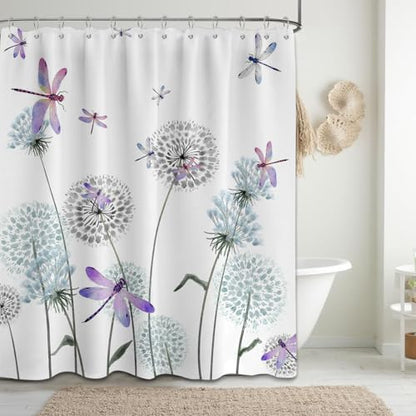 Dandelion Shower Curtain Purple Dragonfly Grey White Shower Curtains for Bathroom Decor, Waterproof Cloth Fabric with Hooks 60" W x 72" L