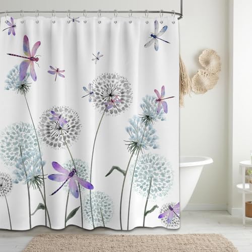 Dandelion Shower Curtain Purple Dragonfly Grey White Shower Curtains for Bathroom Decor, Waterproof Cloth Fabric with Hooks 70" W x 84" L