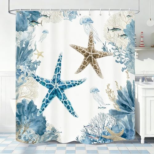 Blue Beach Shower Curtain for Bathroom, Ocean Coastal Theme, 72x72 In