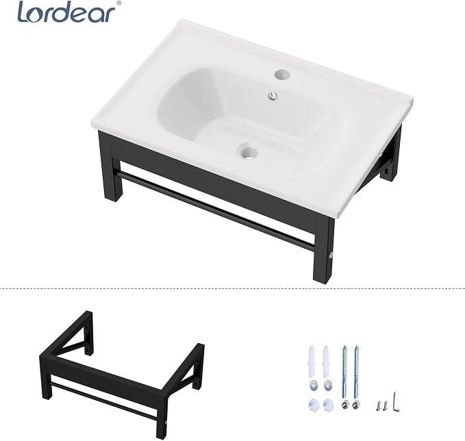 Lordear Wall Mounted Bathroom Sink with Towel Rack 24 x 16 Inch Modern Black Wall Hung Sink for ADA Bathrooms, Rectangular One Hole Porcelain Vanity Sinks