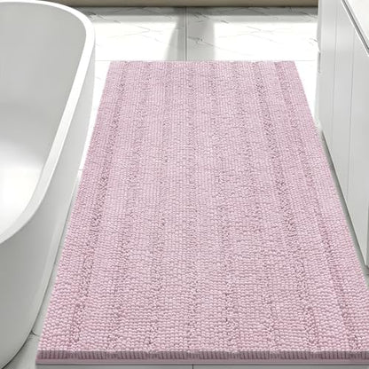Bcoimo Bath Rug Mat,48x30 Chenille Non Slip Pink Long Bathroom Runner Rugs