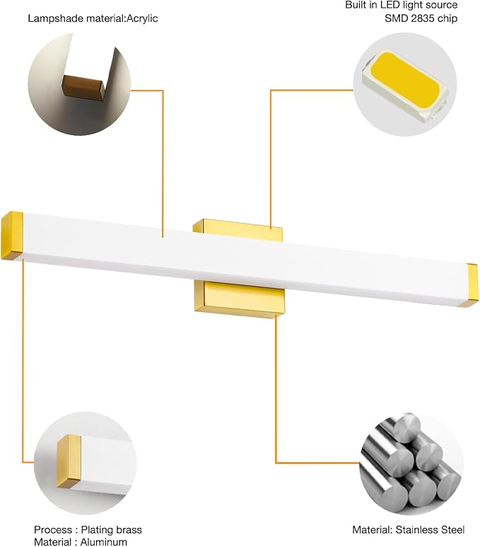 24" LED Bathroom Vanity Light 14W Brushed Brass 4000K Square | Natural White Light,Wall Bar Lighting,Rust & Moisture Resistant, Energy-saving, moisture-proof, for bathroom dresser mirror
