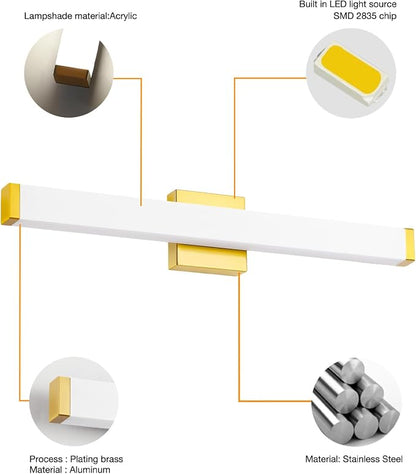 24" LED Bathroom Vanity Light 14W Brushed Brass 4000K Square | Natural White Light,Wall Bar Lighting,Rust & Moisture Resistant, Energy-saving, moisture-proof, for bathroom dresser mirror