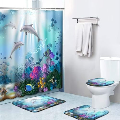 Yddsky 4Pcs Sea Dolphin Bathroom Shower Curtain Sets for Bathtub,72x72 Inch