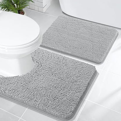 OLANLY Chenille Bathroom Rugs Mats Set 2 Piece, 24"x16"+24"x20", Light Grey