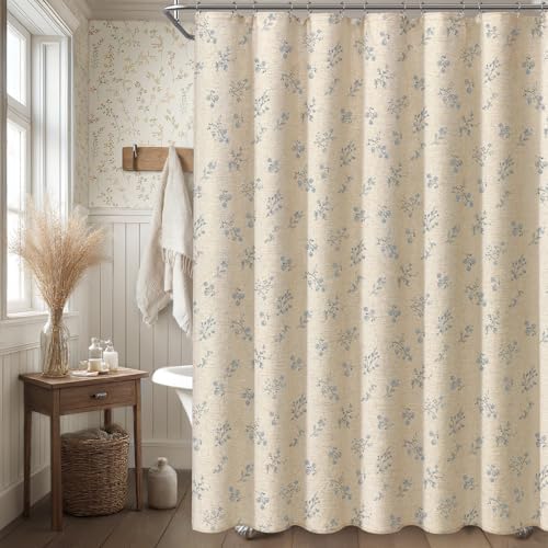Blue Floral Farmhouse Vintage Linen Shower Curtain French Country 72Wx72H