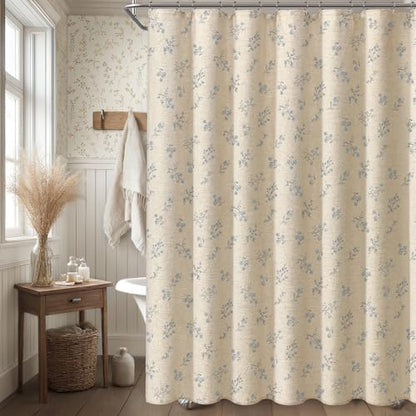 Blue Floral Farmhouse Vintage Linen Shower Curtain French Country 72Wx72H