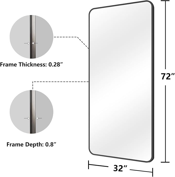 Koonmi Bathroom Mirror, 32X72 Brushed Black Rectangle Wall Mirror, HD Tempered Glass, Anti-Rust Frame Vanity Mirror, Rounded Rectangle Mirror for Restroom, Bedroom, Hangs Horizontal or Vertical
