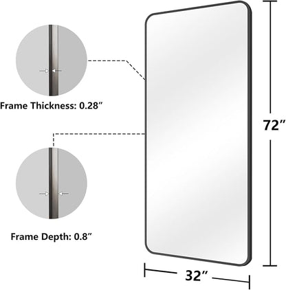 Koonmi Bathroom Mirror, 32X72 Brushed Black Rectangle Wall Mirror, HD Tempered Glass, Anti-Rust Frame Vanity Mirror, Rounded Rectangle Mirror for Restroom, Bedroom, Hangs Horizontal or Vertical