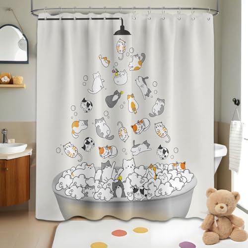 Cute Cat Shower Curtain Kids Animal Cartoon Bathroom Decor, Waterproof Cloth Fabric with Hooks 60" W x 72" L