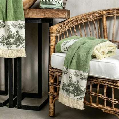 2 Pack Sage Green Hand Towels with Tassels for Bathroom Kitchen Decor, 13x32Inch 100% Cotton Ultra Soft Highly Absorbent,Farmhouse Vintage Towels for French Country Decor