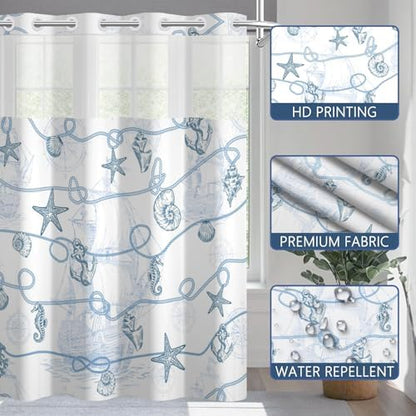 No Hook Nautical Shower Curtain with Snap in Liner 71x74 Inch