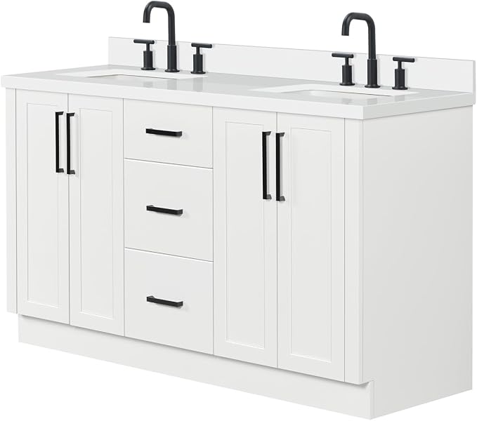 ARIEL Loren 60-inch Bathroom Vanity with Sink,Solid Wood, 1.5-inch Pure White Quartz Countertop, Double Rectangular Porcelain Sink, 4 Soft Closing Doors, 3 Dovetail Drawers, White