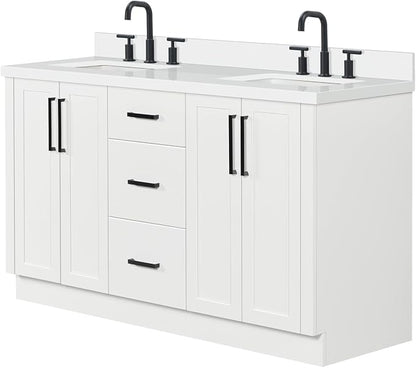 ARIEL Loren 60-inch Bathroom Vanity with Sink,Solid Wood, 1.5-inch Pure White Quartz Countertop, Double Rectangular Porcelain Sink, 4 Soft Closing Doors, 3 Dovetail Drawers, White