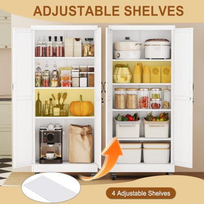 71" Metal Garage Storage Locker Cabinet with Wheels,Rolling White Farmhouse Kitchen Pantry Cabinet with 2 Doors and 4 Adjustable Shelves, Steel File Tool Cabinet for Home Office Warehouse