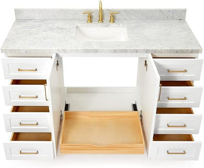 Emilia 60 Inch Bathroom Vanity Single Sink — White Bathroom Vanity with Sink, 1.5" Edge Italian Carrara Marble Countertop, Solid Wood, 2 Soft-Close Doors, 9 Dovetail Drawers
