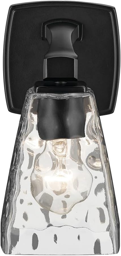 Kichler Marant 5" 1-Light Wall Sconce with Clear Water Glass in Black, for Bathroom, Powder Room, Hallways, (5" W x 9.5" H), 55214BKWTR