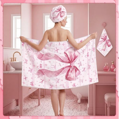 Moukeren Set of 3 Pink Bow Bath Towels, Decorative Towels for Bathroom