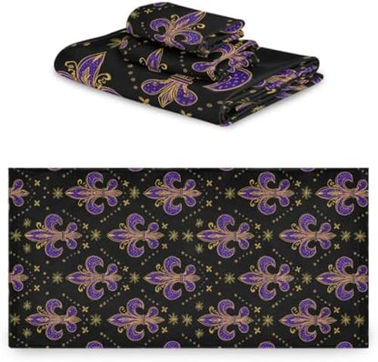 Naanle Mardi Gras Purple Soft Decor 3 Pcs Towels Set, 1 Bath Towel+1 Hand Towel+1 Washcloth, Multipurpose for Bathroom, Hotel, Gym, Spa and Beach