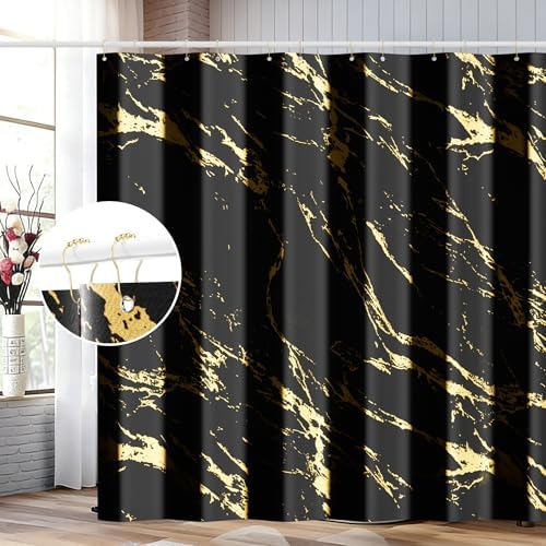 Black and Gold Shower Curtain Set with Gold Hooks, Black Marble Shower Curtain for Bathroom, Modern Luxury Fabric Bath Curtain, Waterproof Washable Polyester Bathroom Decor, 72 x 72 Inches