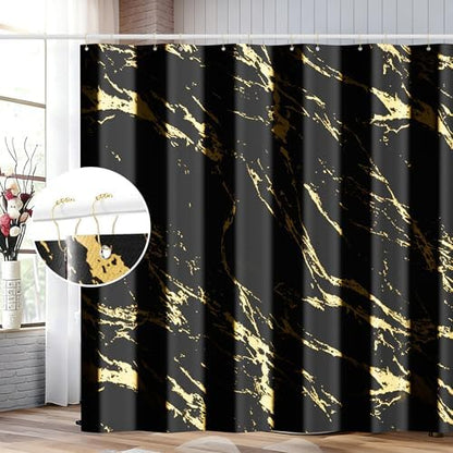 Black and Gold Shower Curtain Set with Gold Hooks, Black Marble Shower Curtain for Bathroom, Modern Luxury Fabric Bath Curtain, Waterproof Washable Polyester Bathroom Decor, 72 x 72 Inches