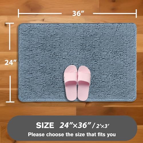 Blue Bathroom Rugs – Absorbent and Washable Bath Mat, Non-Slip, Thick Soft Chenille Bath Rugs for Bathroom, Shower, Sink - 24" x 36"