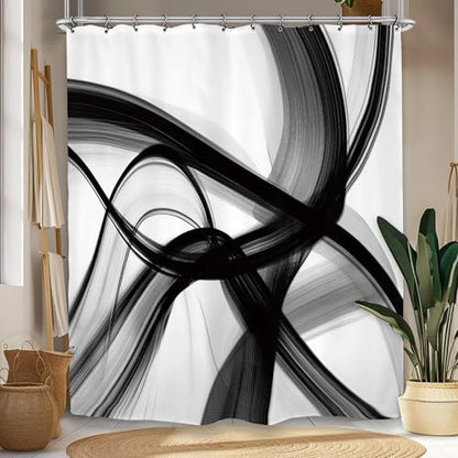 Abstract Modern Black White Shower Curtain 60Wx72L Inch Neutral Minimalist Contemporary Art Simple 3D Bathroom Set Accessories Decor with 12 Pack Hooks