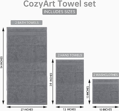 COZYART Luxury Bath Towel Set 6 Pcs, Grey 100% Turkish Cotton 650 GSM