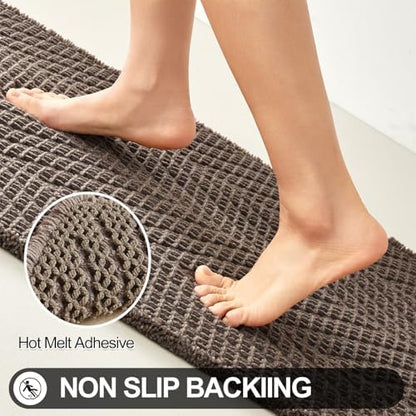Sunfly Boho Herringbone Runner, Ultra Soft Non-Slip Waffle Bath Mat - Super Absorbent & Quick Dry Washable,Bathroom Runner Rug 24"x60" Taupe