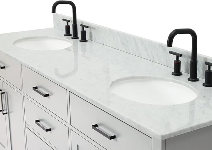 ARIEL Hepburn 72-inch Bathroom Vanity with Sink,Solid Wood, 0.75-inch Italian Carrara Marble Countertop & Backsplash, Double Oval Porcelain Sink, 4 Soft Closing Doors, 6 Dovetail Drawers, Grey