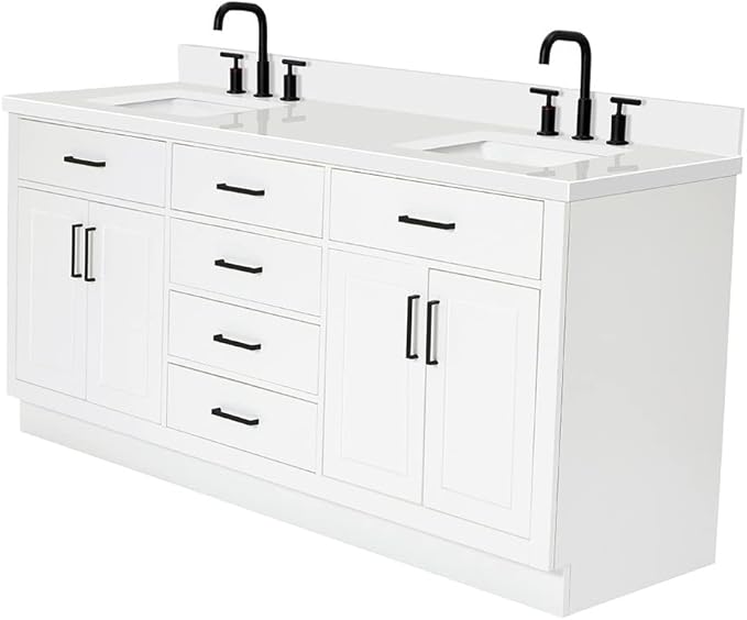 ARIEL Hepburn 72-inch Bathroom Vanity with Sink,Solid Wood, 1.5-inch Pure White Quartz Countertop & Backsplash, Double Rectangular Porcelain Sink, 4 Soft Closing Doors, 6 Dovetail Drawers, White