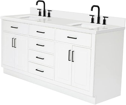 ARIEL Hepburn 72-inch Bathroom Vanity with Sink,Solid Wood, 1.5-inch Pure White Quartz Countertop & Backsplash, Double Rectangular Porcelain Sink, 4 Soft Closing Doors, 6 Dovetail Drawers, White