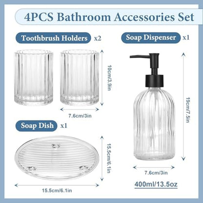 Glass Bathroom Accessories Set, 4Pcs Bathroom Accessories Sets Complete Lotion Soap Dispenser, Toothbrush Holder, Mouthwash Cup, Soap Dish for Bath Decor, Countertop Vanity Organizer (Clear)