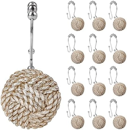 Sunlit Boho Knots Double Shower Curtain Hooks, Home Decorative Shower Curtain Rings for Bathroom, Seaside Nautical Shower Curtain Hangers Bathroom Accessories, Set of 12