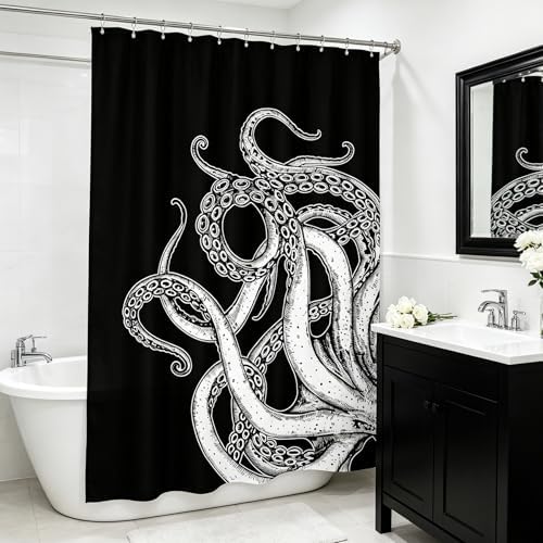 Miyotaa Black White Octopus Shower Curtain Set 60Wx71H Inches Sea Monster Kraken Man Cool Waterproof Bathroom Curtain with 12 Hooks