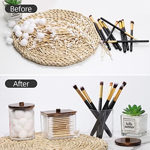 Tbestmax 3 Pack Qtips Holder Bathroom Container, 10 oz Cotton Ball/Swabs Dispenser, Apothecary Jar Organizer for Storage Brown Wood Lids