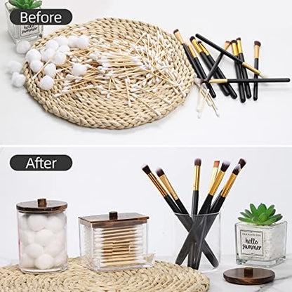Tbestmax 3 Pack Qtips Holder Bathroom Container, 10 oz Cotton Ball/Swabs Dispenser, Apothecary Jar Organizer for Storage Brown Wood Lids