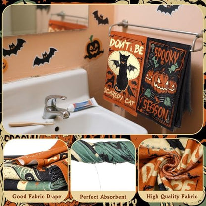 FuWeave 8 Pcs Halloween Shower Curtain Set for Bathroom Include Vintage Ghost Pumpkin Bat Cat Towels Non Slip Skull Rugs Toilet Lid Cover Spider Web Bath Mat and 12 Hooks for Halloween Bathroom Decor