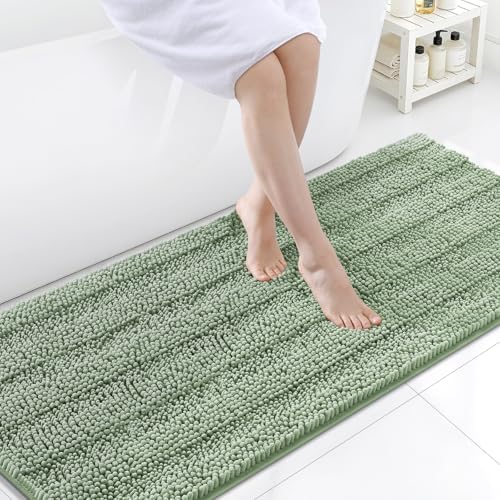 Grandaily Chenille Striped Bathroom Rugs 59x24, Extra Thick and Soft Absorbent Bath Mats, Rubber Backing, Plush Shaggy Shower Carpet, Machine Wash Dry, Bath Rug for Bathroom, Grayish Green