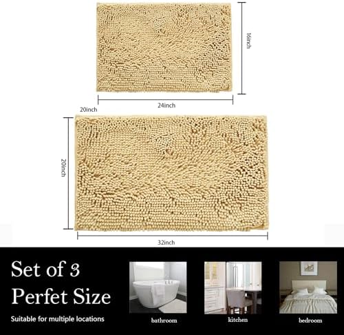 Bathroom Rugs Chenille Bath mat 2 Piece Set, Super Absorbent, PVC Non Slip Backing, Bath mats for Bathroom, Plush Shaggy, Thick, Machine Washable, Bathtub, Shower, Toilet.(Beige)