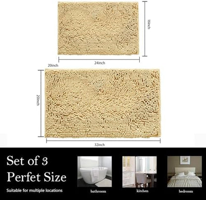 Bathroom Rugs Chenille Bath mat 2 Piece Set, Super Absorbent, PVC Non Slip Backing, Bath mats for Bathroom, Plush Shaggy, Thick, Machine Washable, Bathtub, Shower, Toilet.(Beige)