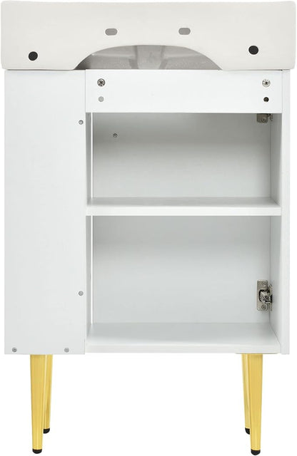 Merax 21.6" Bathroom Vanity with Single Sink, Bathroom Floor Standing Cabinet with Side Storage, Modern Bathroom Vanity with 1 Door and White Ceramic Basin Sink Top, White
