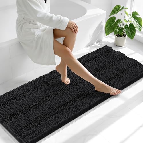 Smiry Thick Chenille Bathroom Runner Rugs 47x20, Absorbent Bath Mat, Black