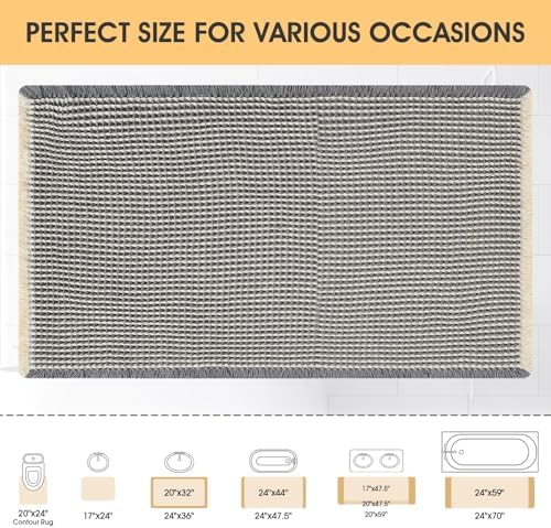 IM HOME Waffle Bath Mat Grey & Beige 36"x24", Boho Woven Modern Bath Mat Rugs, Absorbent Non Slip Bathroom Rugs, Soft Washable Bath Rugs with Tassels for Bedroom, Kitchen, Shower, Tub