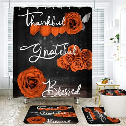 Onalasyc 4Pcs Orange Rose Floral Shower Curtain with Rugs Set
