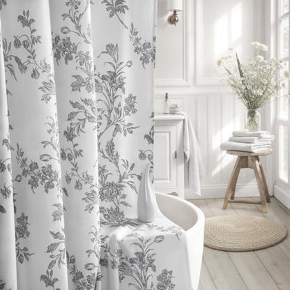 Grey Floral Shower Curtain,Vintage Cotton Cottagecore Gray Shower Curtains for Bathroom, 72" W x 72" L