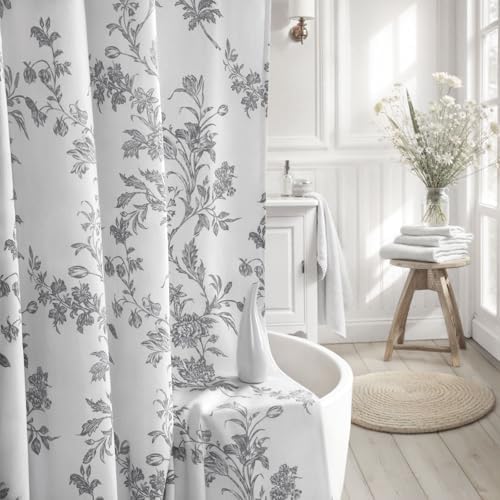 Grey Floral Shower Curtain,Vintage Cotton Cottagecore Gray Shower Curtains for Bathroom, 72" W x 78" L