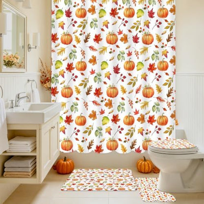 MEHOFOND Fall Shower Curtain Set 4-Piece Thanksgiving Decor Bathroom Set