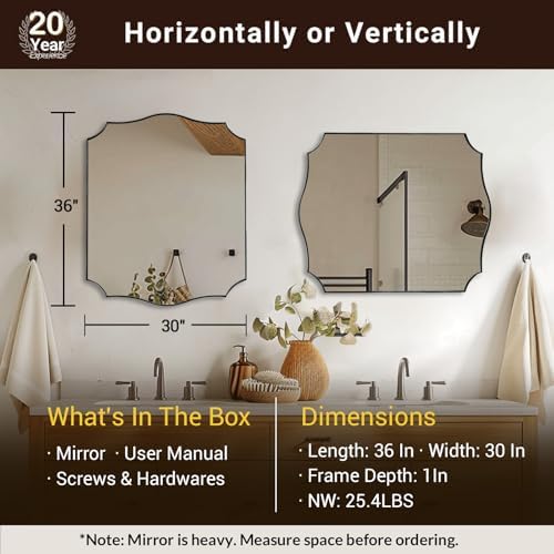 ANDY STAR 30x36 Inch Brushed Nickel Bathroom Mirror, Scalloped Mirror for Bathroom Vanity, Modern Silver Mirror in Anti-Rust Stainless Steel Frame, Elegant Curved Scallop Design Ideal for Home Remodel